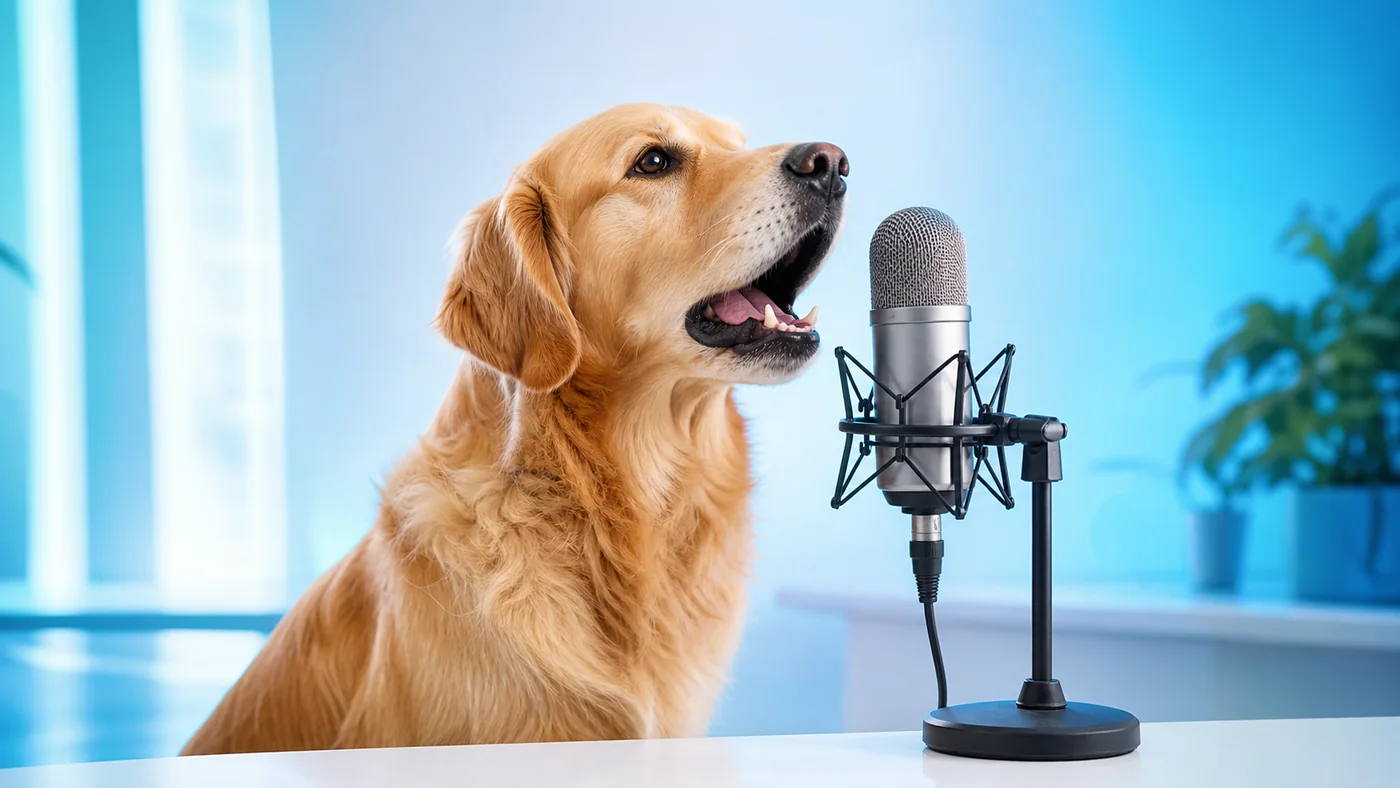 A realistic dog recording a bark into a studio microphone