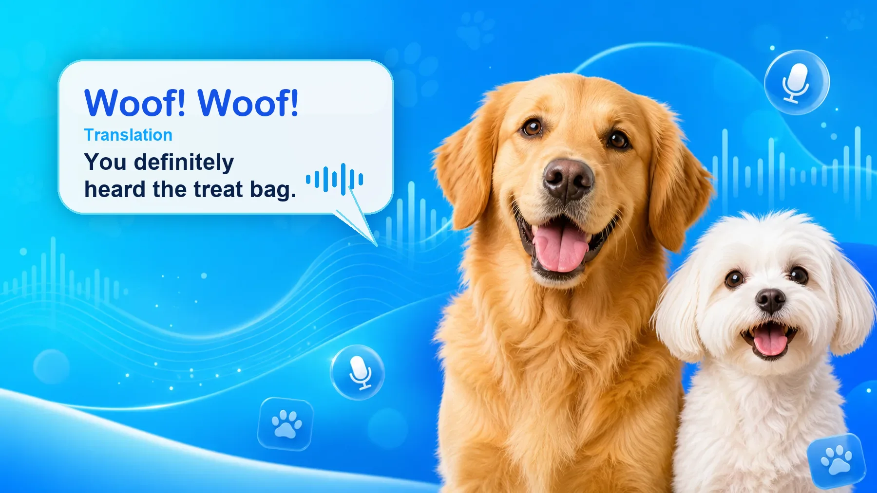 AI Dog Translator hero artwork with friendly dogs and a bark translation chat bubble